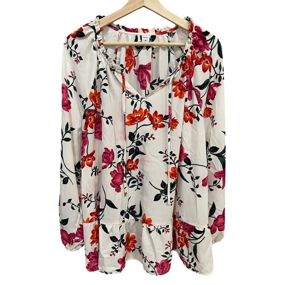 Old Navy White Floral Peasant Blouse with Pink and Orange Blooms
